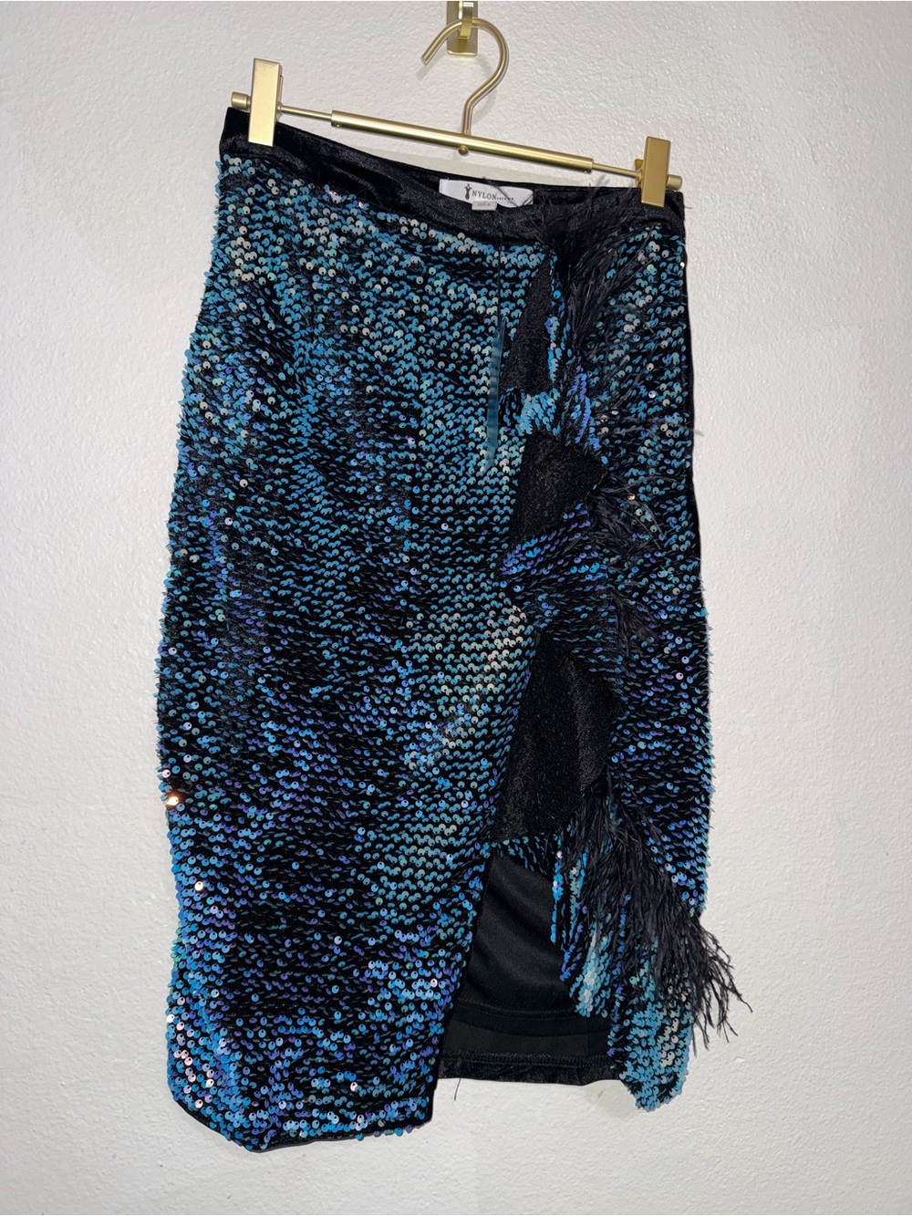 NWT Nylon Premium Sequin Velvet Ruffle Fringe Pencil Skirt